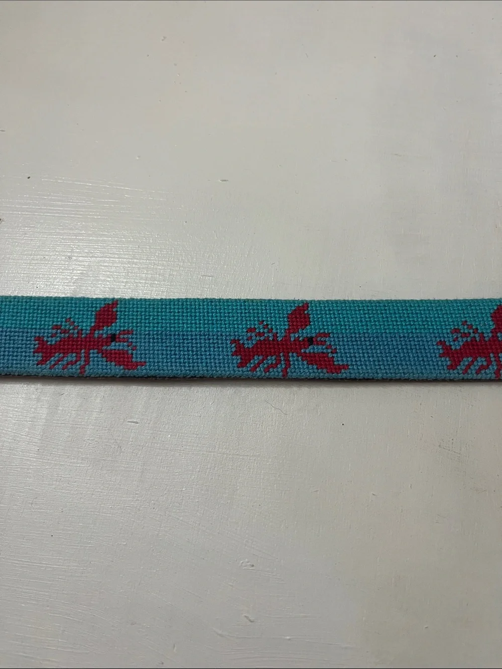 Tucker Blair Handmade Blue Needlepoint Lobster Belt Brass Buckle Sz 38